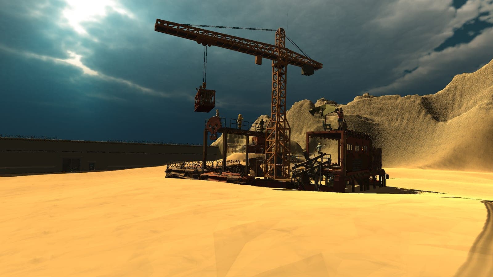Exhausted: a desert arena with a crane rig and scrap structures under a storm sky.