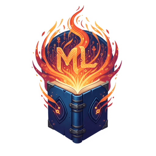 The Grimoire ML mark: a burning spellbook with ML in the flames.
