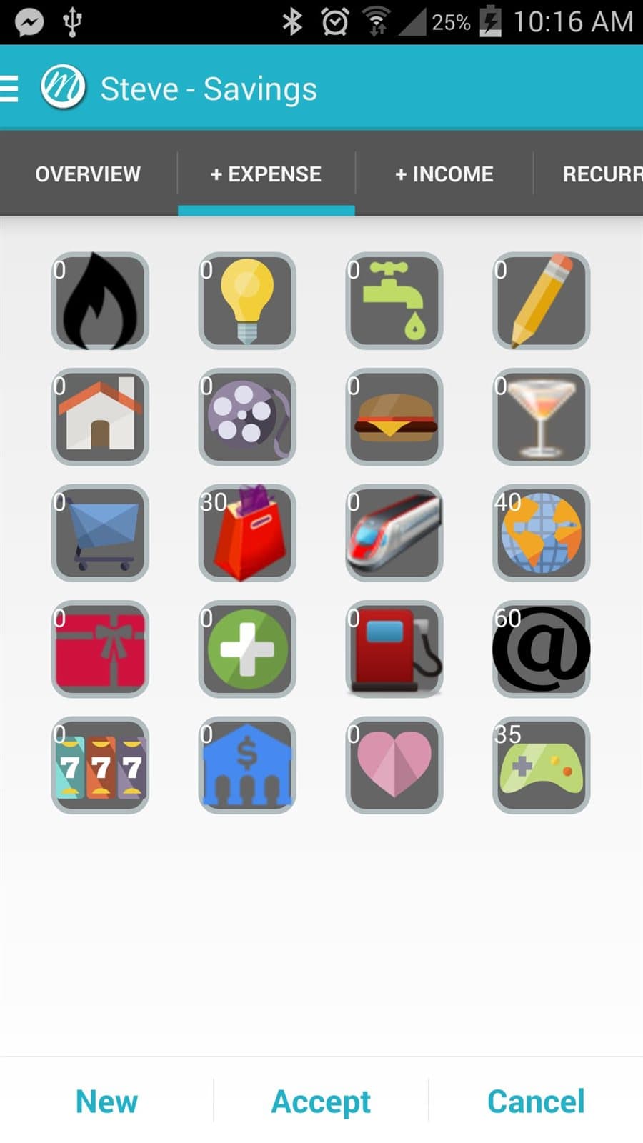 The Managercash expense screen on an Android phone, showing a grid of category icons with running totals.