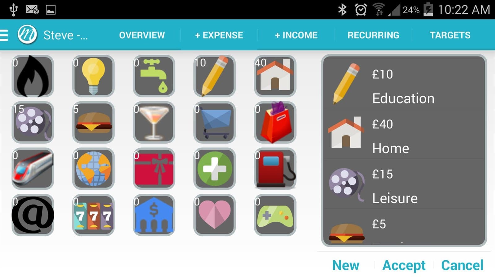 The Managercash expense screen in landscape, with the category grid on the left and a running list of amounts on the right.