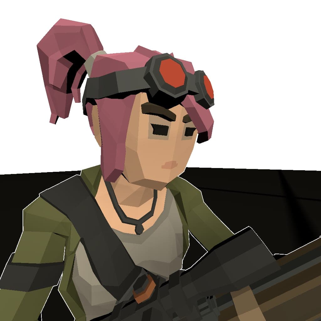 The Road: a low-poly survivor with goggles and pink hair.